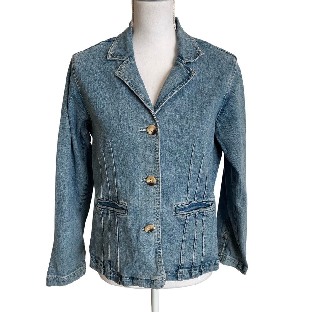 Isabella Bird Denim Blazer Women's 8 Petite Blue Cotton Spandex Button up Seams